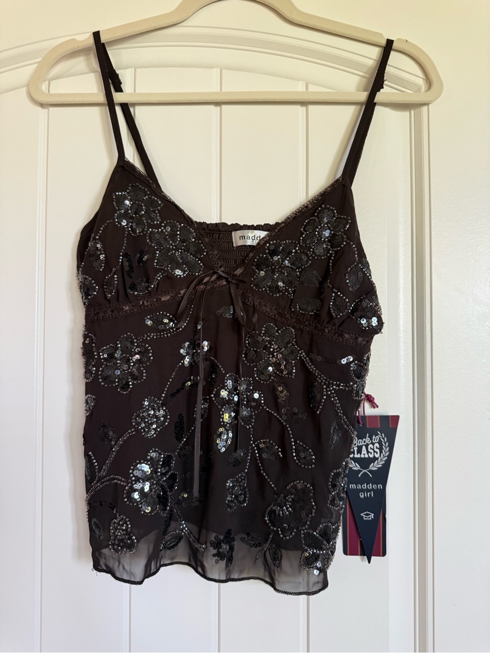 Madden Girl Embellished Floral Sequin Beaded Brown Cami M NWT